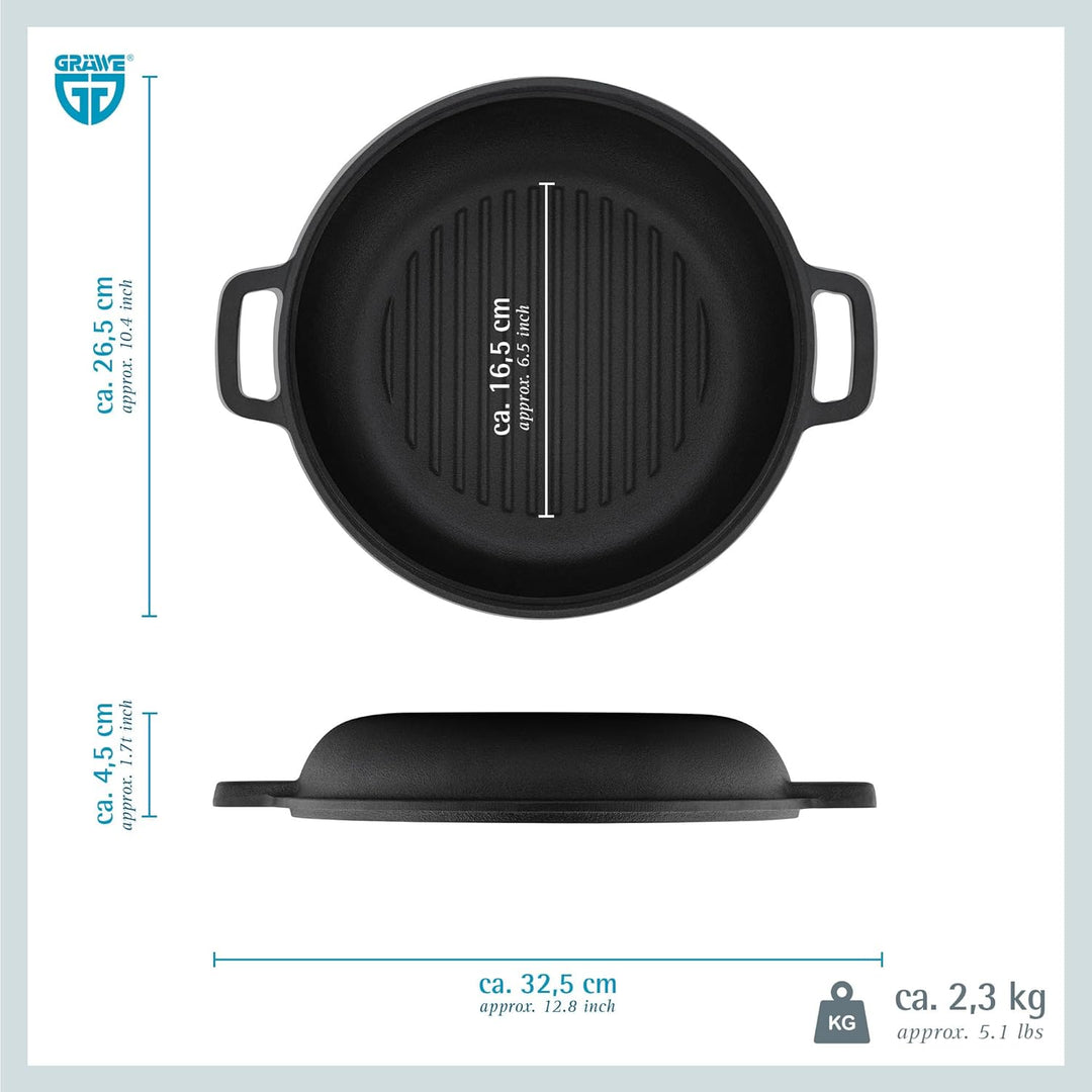 GRÄWE Dutch Oven CI 350 Ø 26 cm – Gusseisen Brat- & Kochtopf 2-in-1 mit Deckel, Induktion & Backofen