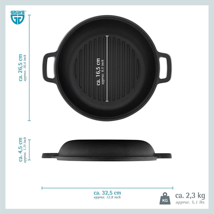 GRÄWE Dutch Oven CI 350 Ø 26 cm – Gusseisen Brat- & Kochtopf 2-in-1 mit Deckel, Induktion & Backofen