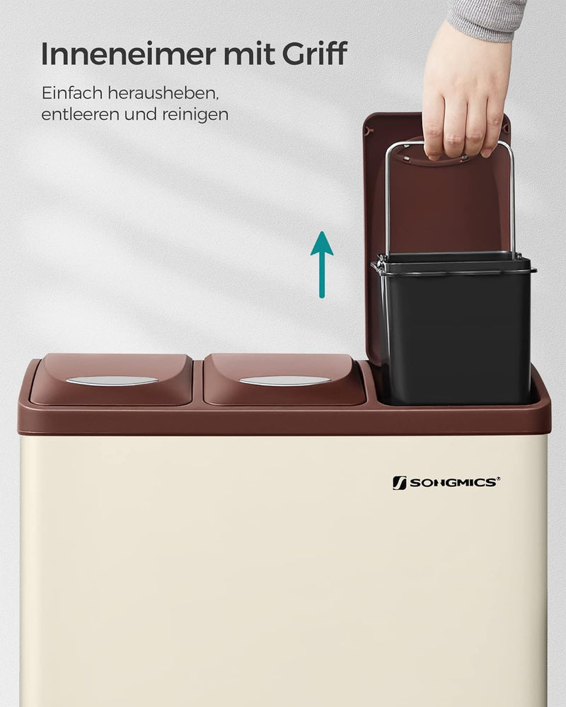 SONGMICS Mülleimer für die Küche, 3 x 8 L, Abfalleimer aus Metall, 3-in-1 Treteimer, Mülltrennung, M