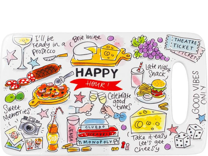 Fröhliches Käsebrett – Happy Kollektion – Buntes Design mit Zitaten – Servierbrett für Käse & Snacks