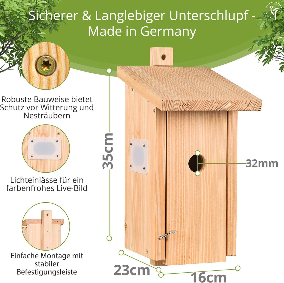 Nestblick Plus in Beige mit WLAN-Kamera. Nistkasten für Live-Beobachtung mit App, Full-HD, Nachtsich