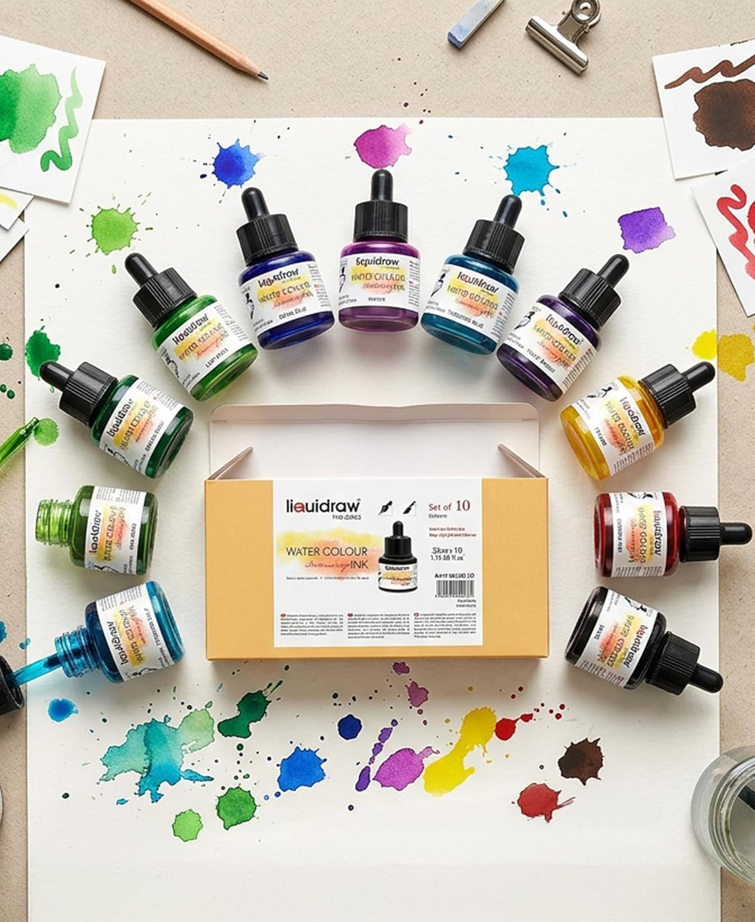 Liquidraw Aquarell-Zeichentinte, Set mit 10 verschiedenen Farben, 35-ml-Flaschen mit Tintentropfer,