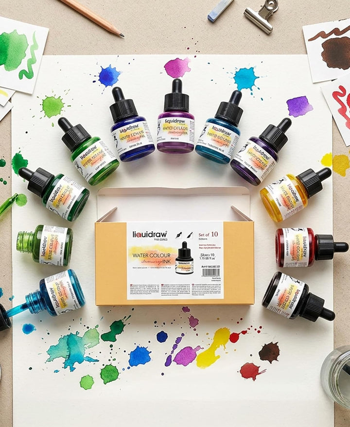 Liquidraw Aquarell-Zeichentinte, Set mit 10 verschiedenen Farben, 35-ml-Flaschen mit Tintentropfer,
