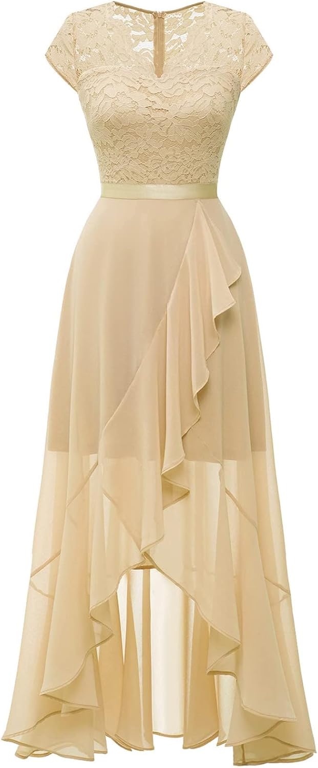 Bbonlinedress Abendkleider elegant für Hochzeit Spitzenkleid Chiffon Hi-Lo Kleid Brautjunferkleid Pa