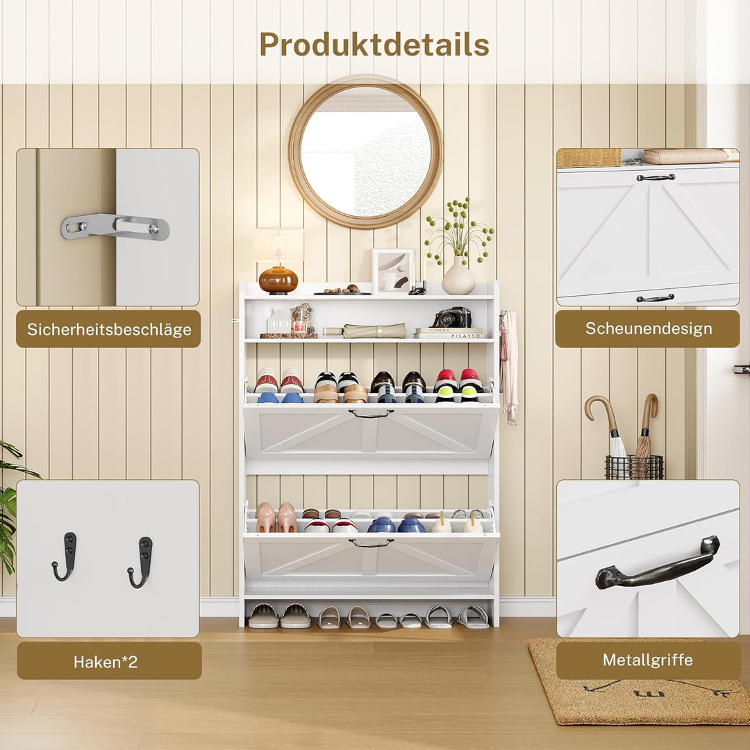 Schuhschrank mit 2 Klappen, Schuhkipper, Schuhschrank Schmal mit Trennwände verstellbar und abnehmba
