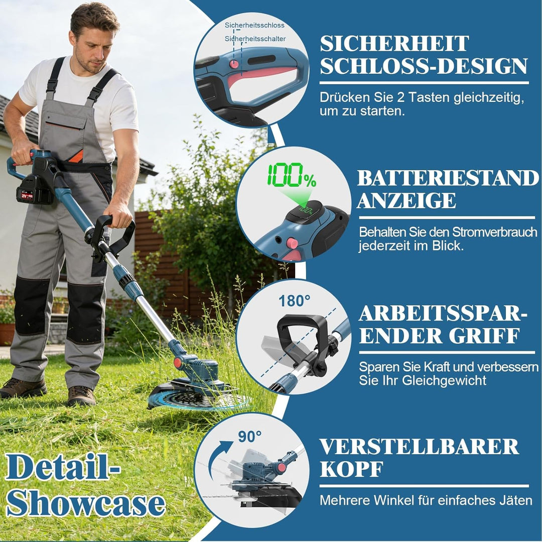 Rasentrimmer mit Akku, Akku Rasentrimmer für Makita-Akkus mit 5 Klingentypen, 21V Rasentrimmer mit U