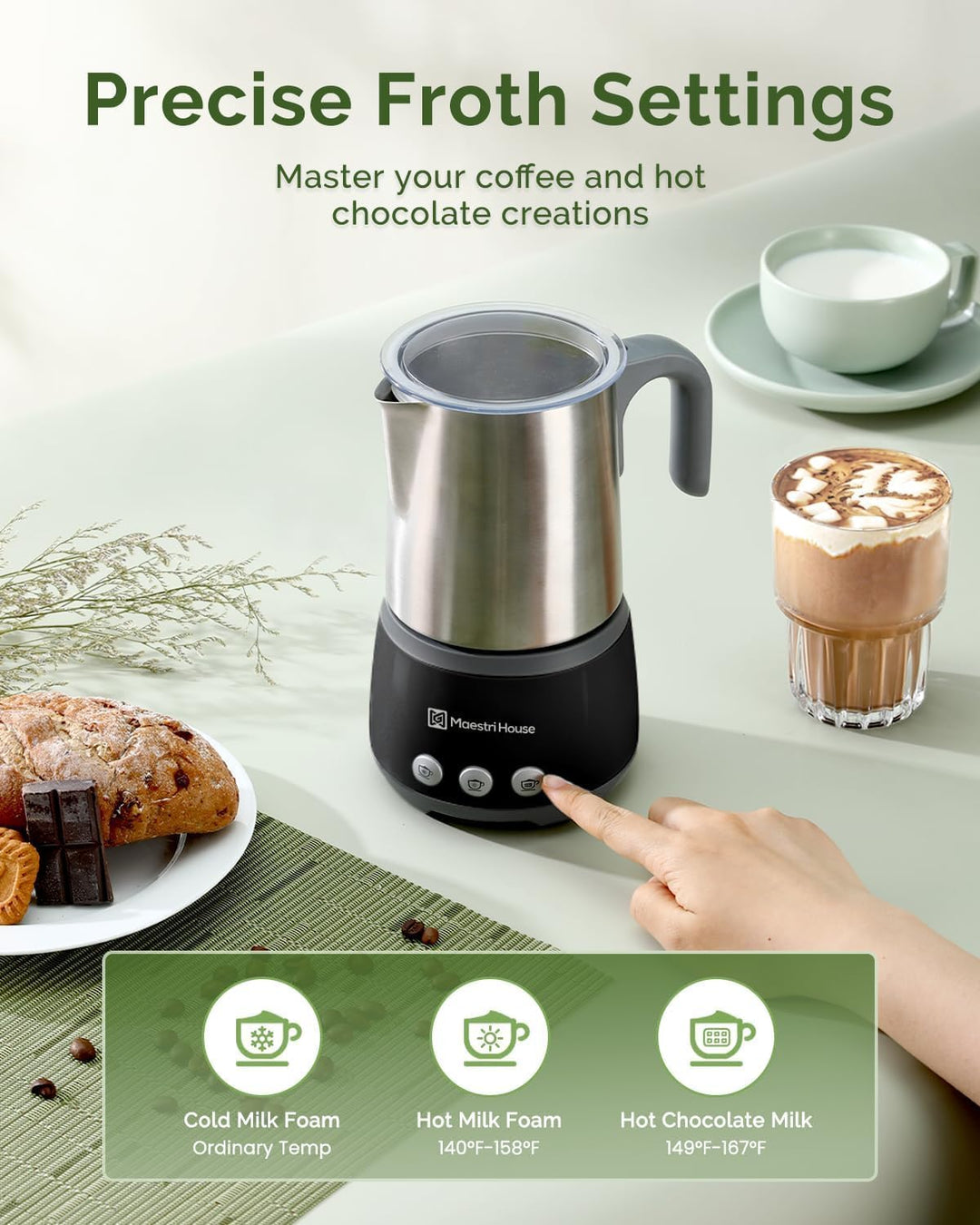 Maestri House Milchaufschäumer, 500ml 4-in-1 Elektrischer Milchschäumer, 600W Smart Touch Control fü