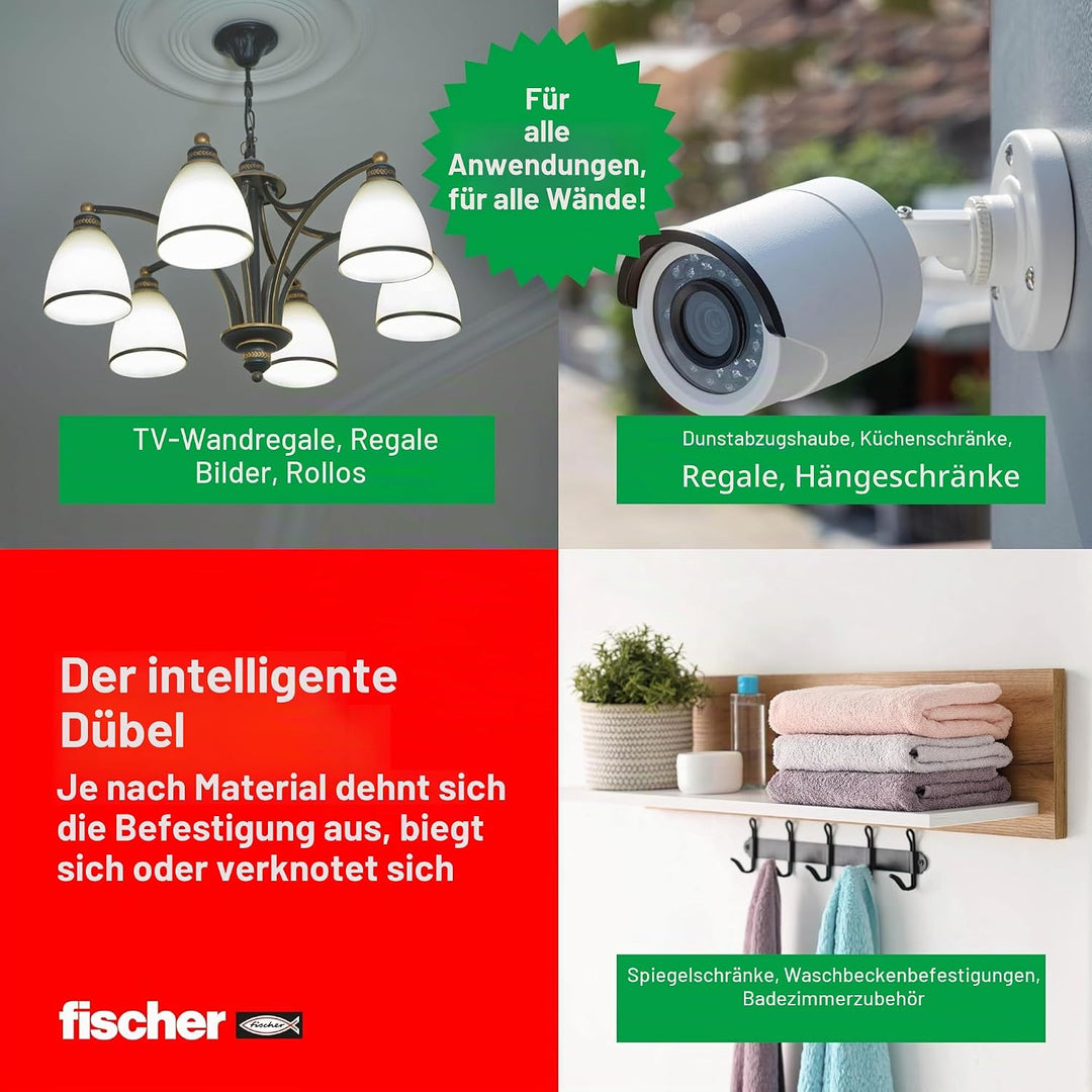 Fischer 100 DUOPOWER Dübel mit Schraube 6 x 30 mm für Vollwand Lochziegel Gipskarton 537646 grau/rot
