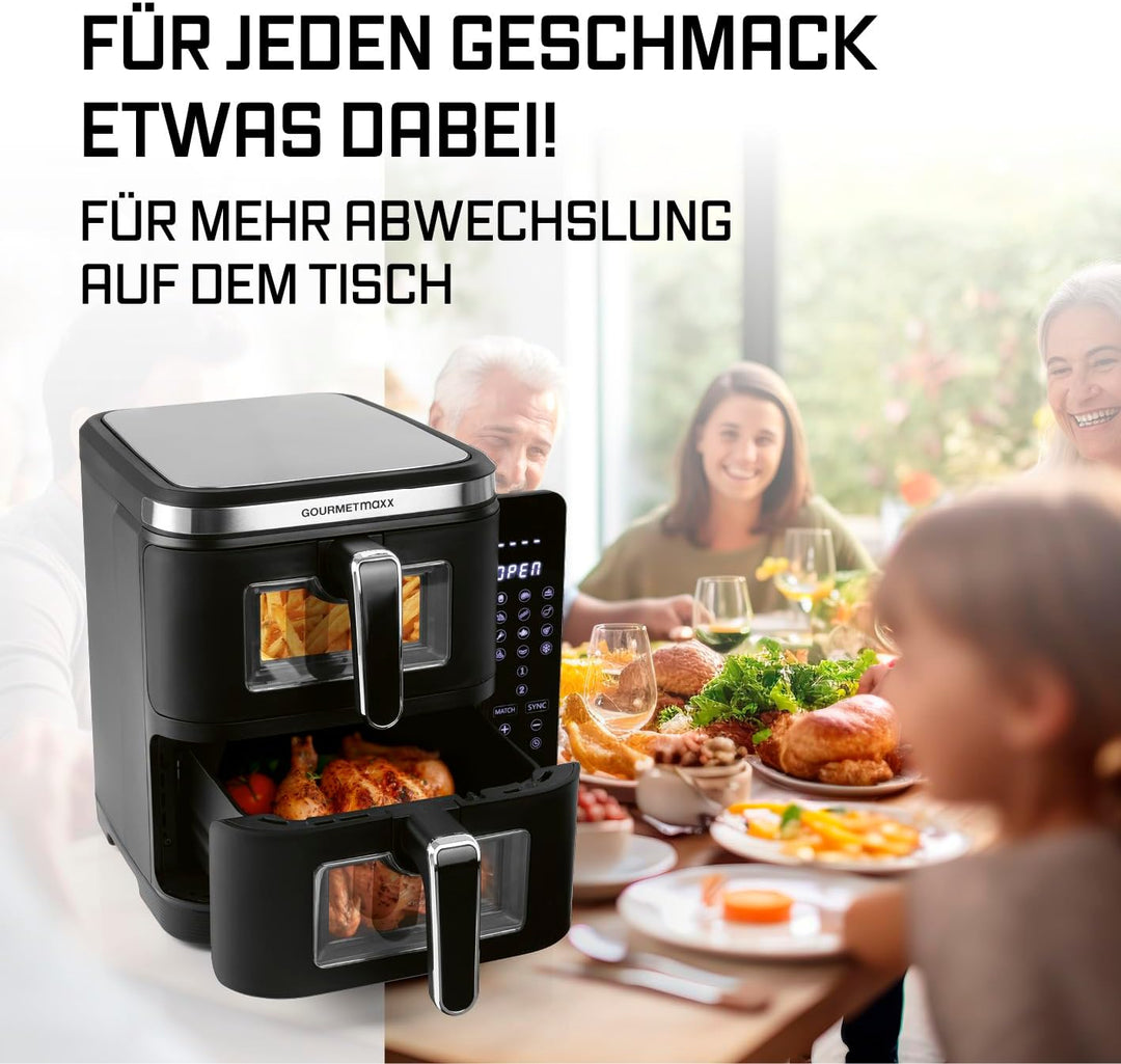 GOURMETmaxx FryUp Vertikale Doppelkammer Heissluftfritteuse XXL | Airfryer mit Sichtfenstern & Klapp