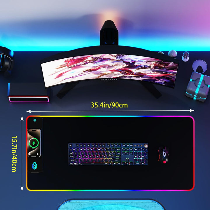 RGB Gaming Mauspad 15W Qi Mousepad LED 900x400x4mm 10 Beleuchtungsmodi mit 10W Schnellladung Qi Kabe