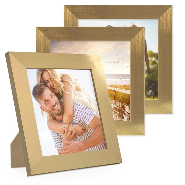 PHOTOLINI Bilderrahmen 15x15 cm Gold MDF-Holz, breite Rahmen, 3er Set, modern, bruchsicheres Acrylgl