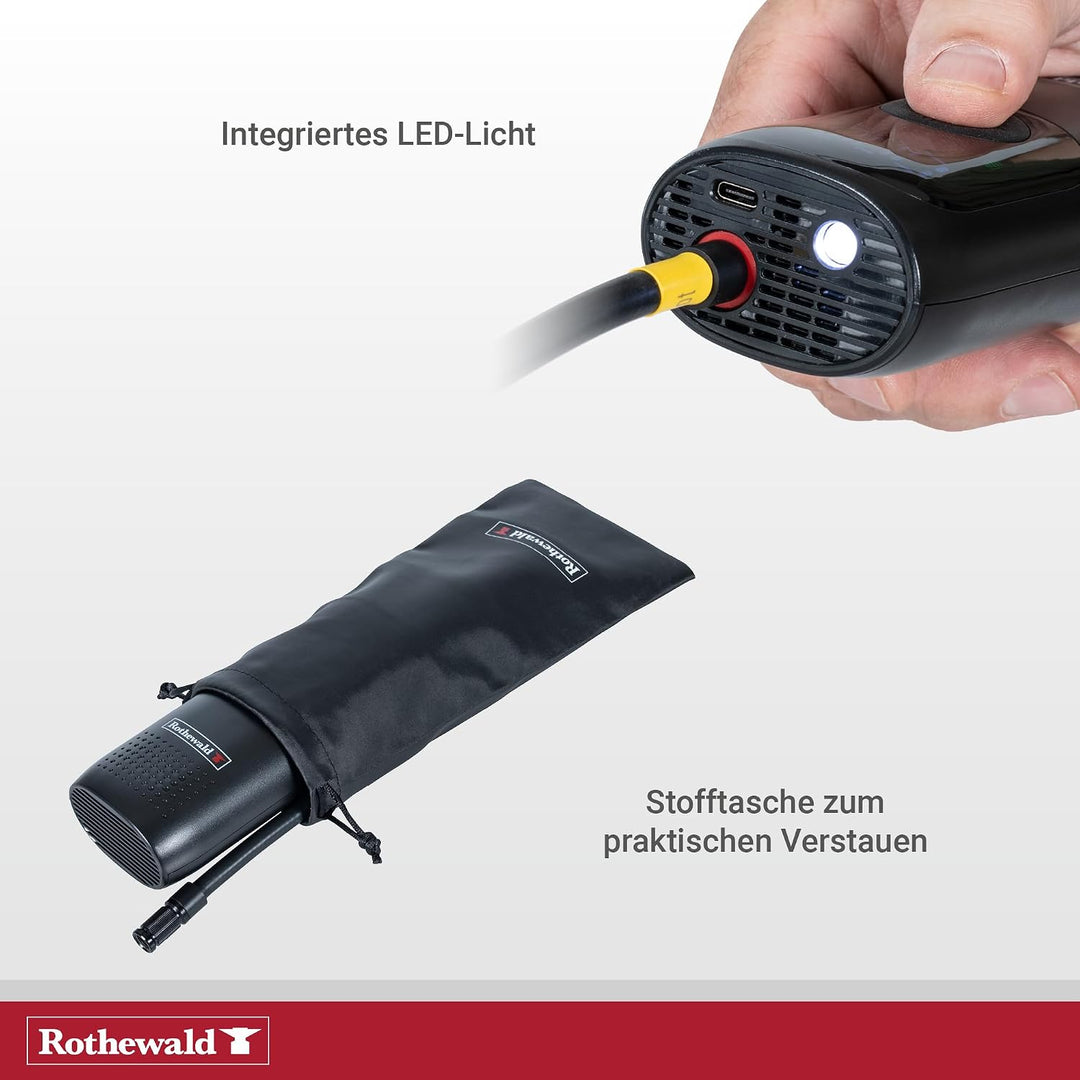 Rothewald Akku Druckluftpumpe 10 Bar, Elektrische Luftpumpe mit Digitalem Manometer, Reifenpumpe für