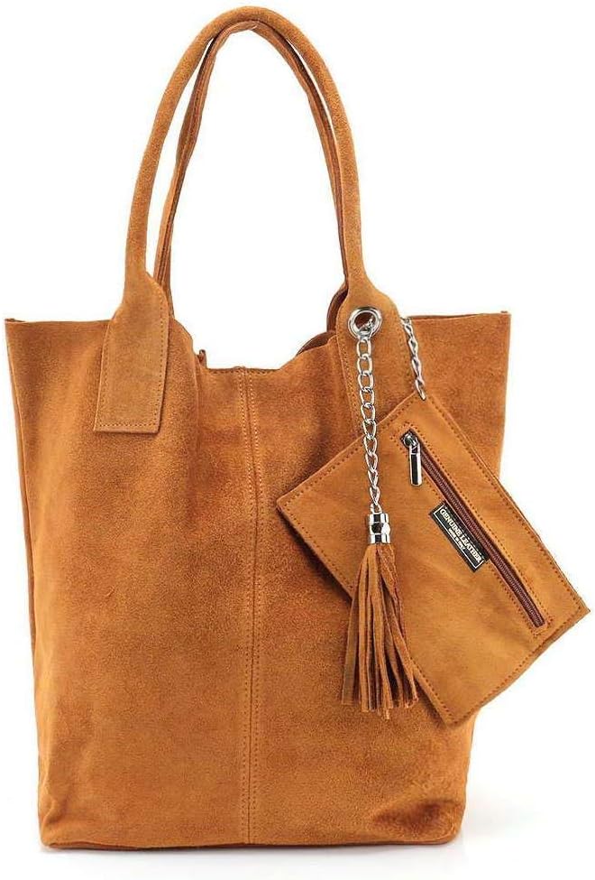 Made IN Italy Damen XXL Leder Tasche Wildleder Shopper Schultertasche + Schmucktasche Braun, Braun