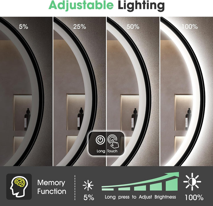 S'bagno Badspiegel-mit-Beleuchtung 60CM, LED-Badspiegel-Rund mit Bluetooth, Anti-Fog, 3 Lichtfarben,