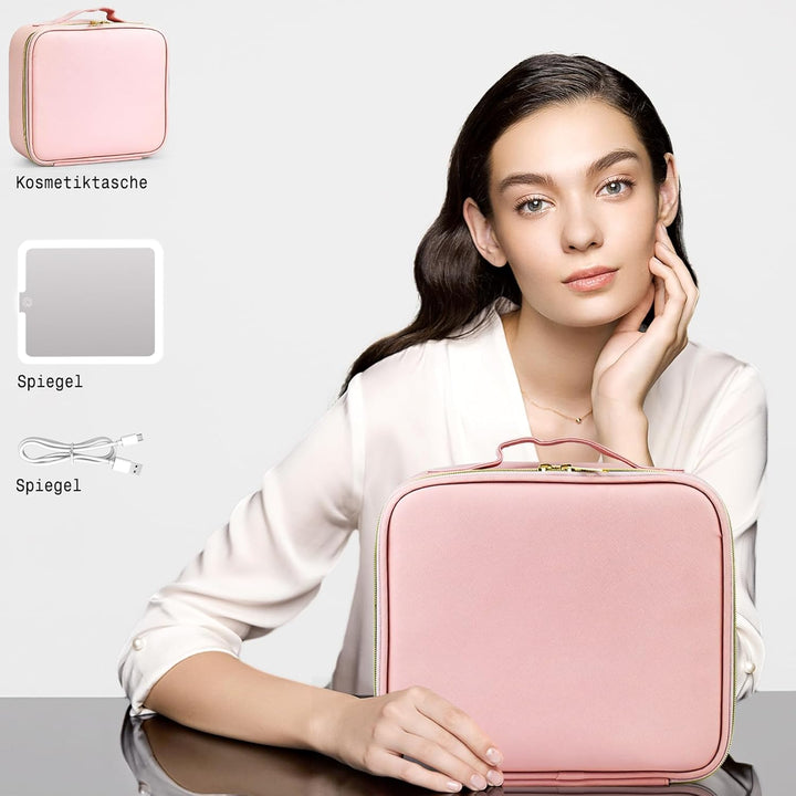 Make up Tasche mit Spiegel，Travel Makeup Bag mit 1/10x Spiegel und 3 Farbe Licht，Make up Organizer T