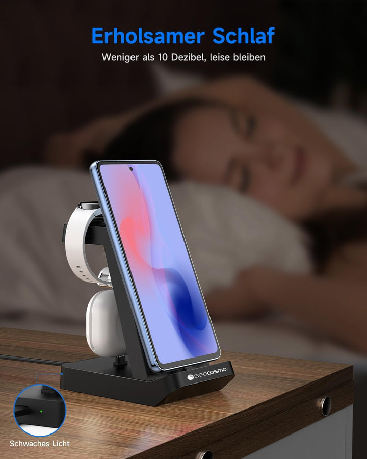 seacosmo 3 in 1 Ladestation, 18W Samsung Ladegerät handyhalterung für Galaxy Buds und Samsung A55/A5