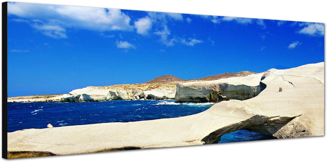 Paul Sinus Art Panoramabild auf Leinwand und Keilrahmen 150x50cm Griechenland Felsen Meer Himmel Som