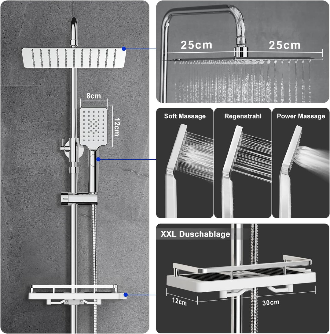 JOHO Edelstahl Regendusche Duschsystem Duschset Duschstange mit Ablage Chrom(Kopfbrause 25x25cm) 252