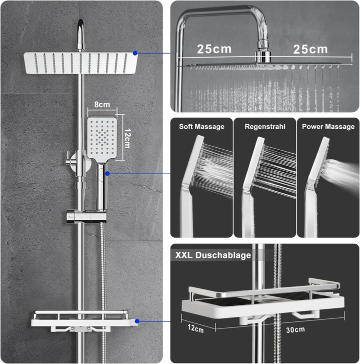 JOHO Edelstahl Regendusche Duschsystem Duschset Duschstange mit Ablage Chrom(Kopfbrause 25x25cm) 252