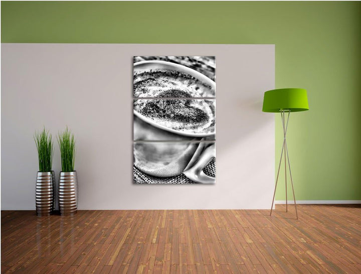 Pixxprint Monocrome, Kaffe mit Herz 3-Teiler Leinwandbild 120x80 Bild auf Leinwand