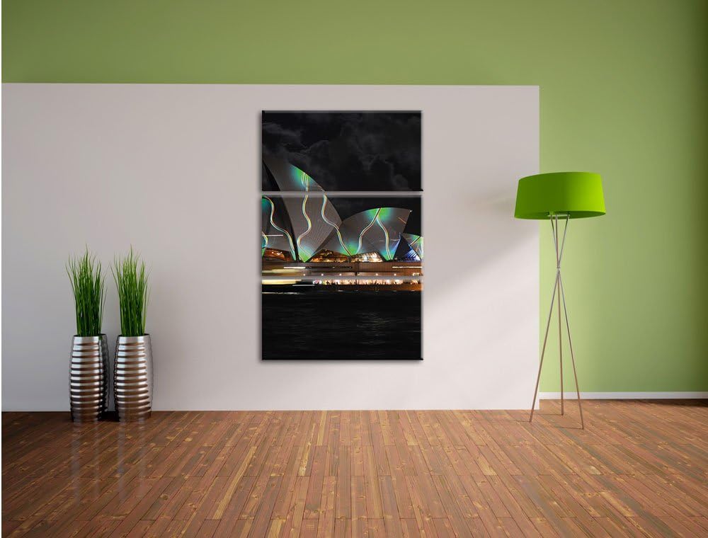 Pixxprint Sydney Opera House grüne Beleuchtung 3-Teiler Leinwandbild 120x80 Bild auf Leinwand