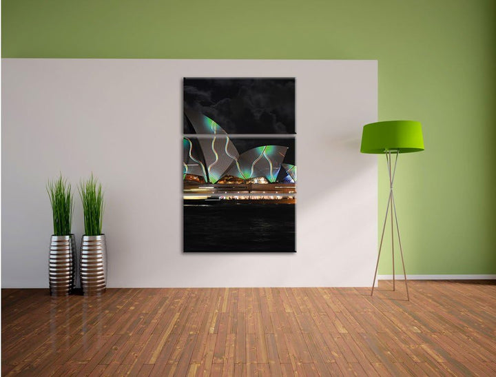 Pixxprint Sydney Opera House grüne Beleuchtung 3-Teiler Leinwandbild 120x80 Bild auf Leinwand