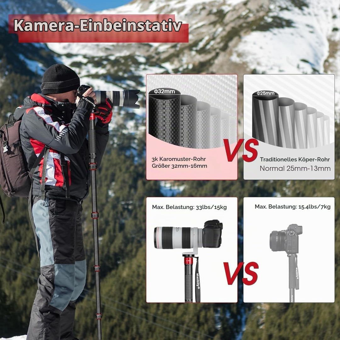 Manbily 32mm Einbeinstativ Carbon für Kameras 44cm-174cm Kohlefaser Monopod Stativ DSLR Reise-Einbei