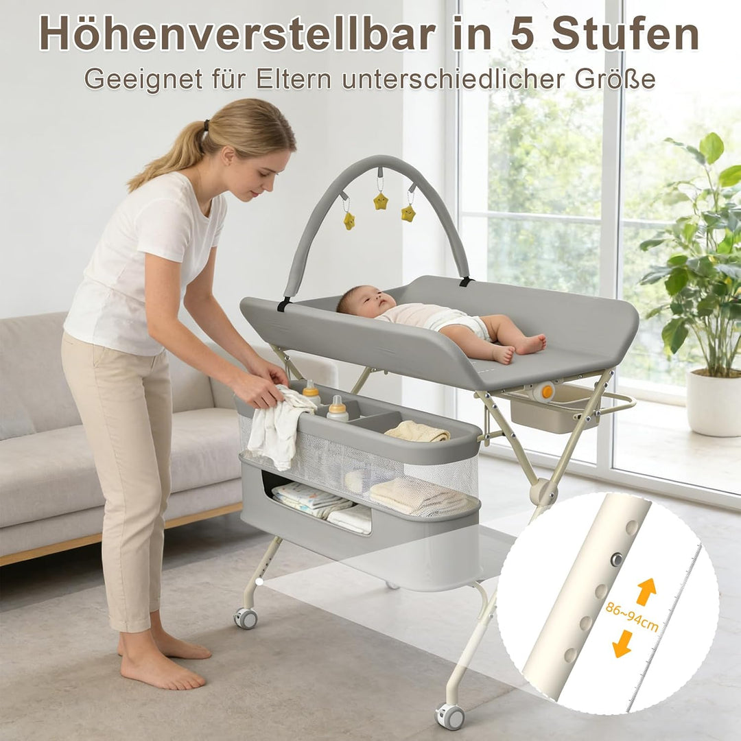 Supfine Klappbarer Wickeltisch mit Aufbewahrung, Höhenverstellbar auf 5 Stufen, Mobile Wickeltisch m