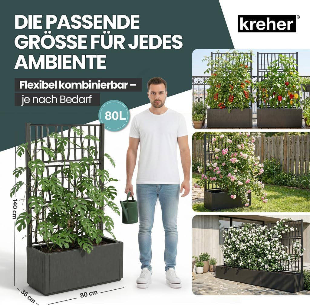 Kreher® XL Rankgitter, Spalier mit Pflanzkasten aus robustem Kunststoff. Masse BxTxH in cm: 80 x 36