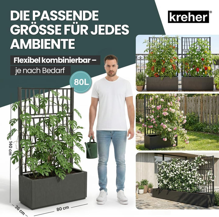 Kreher® XL Rankgitter, Spalier mit Pflanzkasten aus robustem Kunststoff. Masse BxTxH in cm: 80 x 36