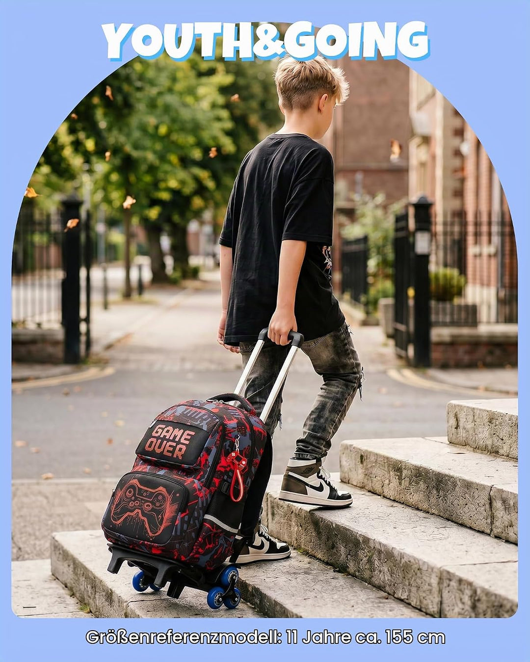 Amythe Schulrucksack mit Rollen für Jungen, Grosser Leuchtstoff Trolley-Rucksack mit 6 Räder, Wasser