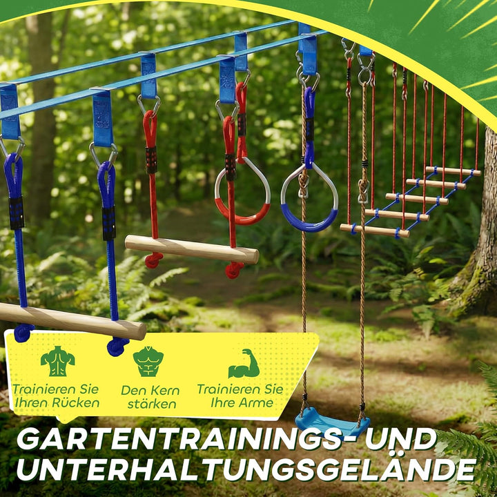AIYAPLAY Ninja Line Kinder 24 m Slackline Set mit Turnringe 7 Hindernissen Kletterstange Ninja Warri