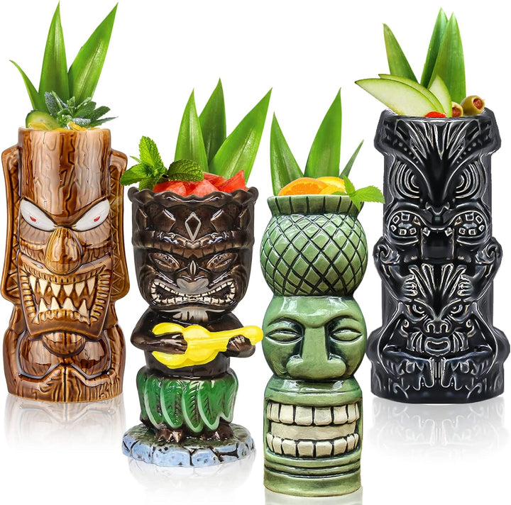 Tiki-Tassen, 4 Stück Tiki-Gläser für Cocktails grossen tropischen Keramikbechern Hawaii Tiki Party K