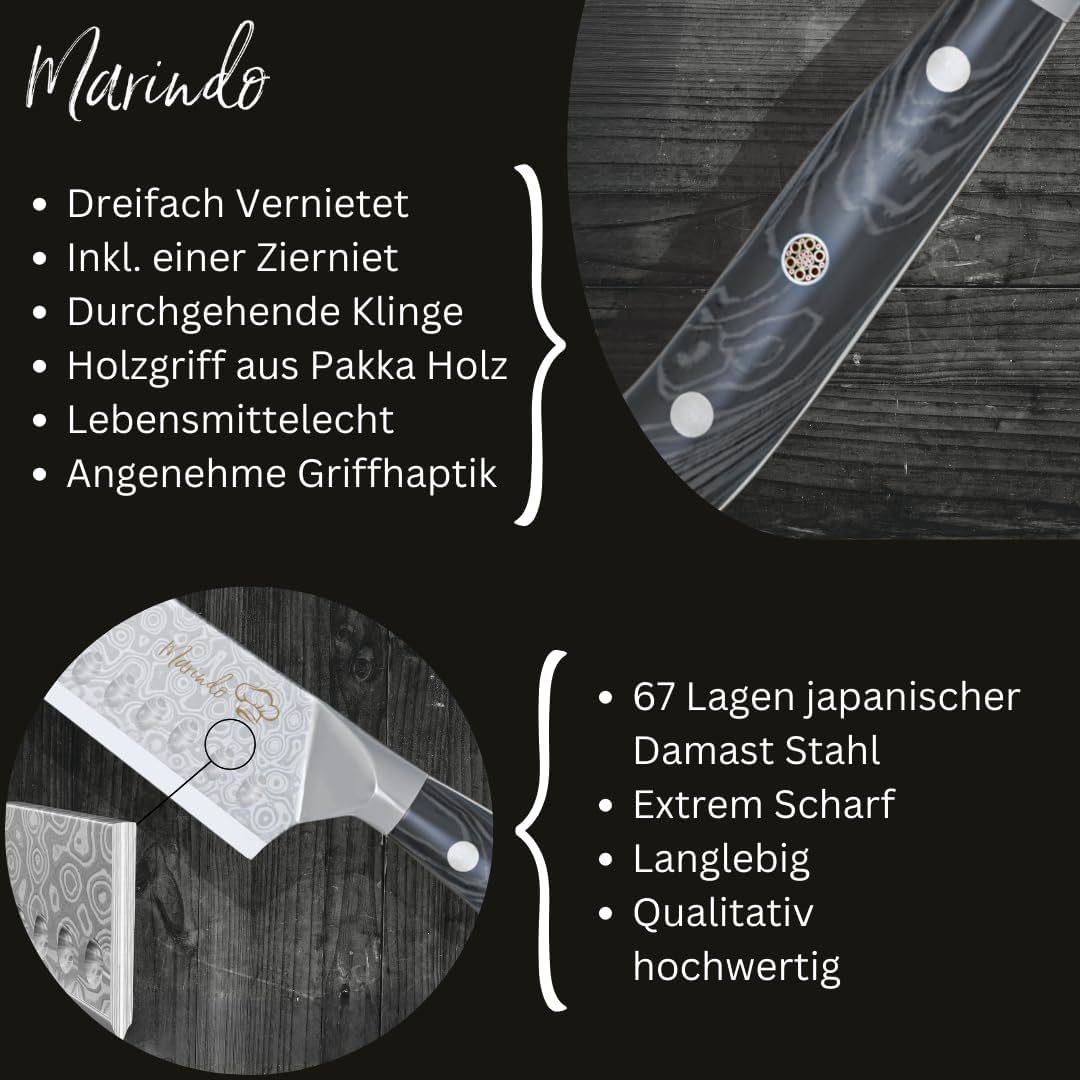 Marindo Santoku Damastmesser aus echtem Damaszener Stahl 17,8 cm Klinge | japanisches Santoku Damast
