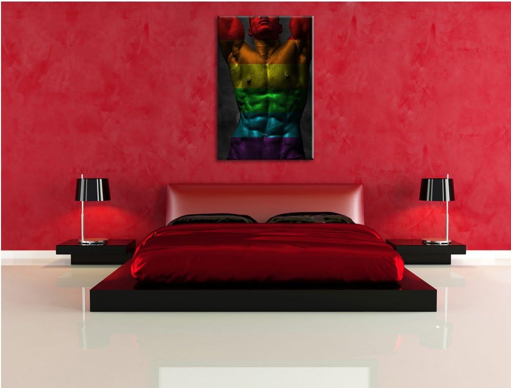 Pixxprint Sixpack Body Mann Regenbogen Format: 100x70 auf Leinwand, 100x70