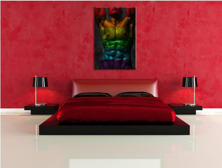 Pixxprint Sixpack Body Mann Regenbogen Format: 100x70 auf Leinwand, 100x70