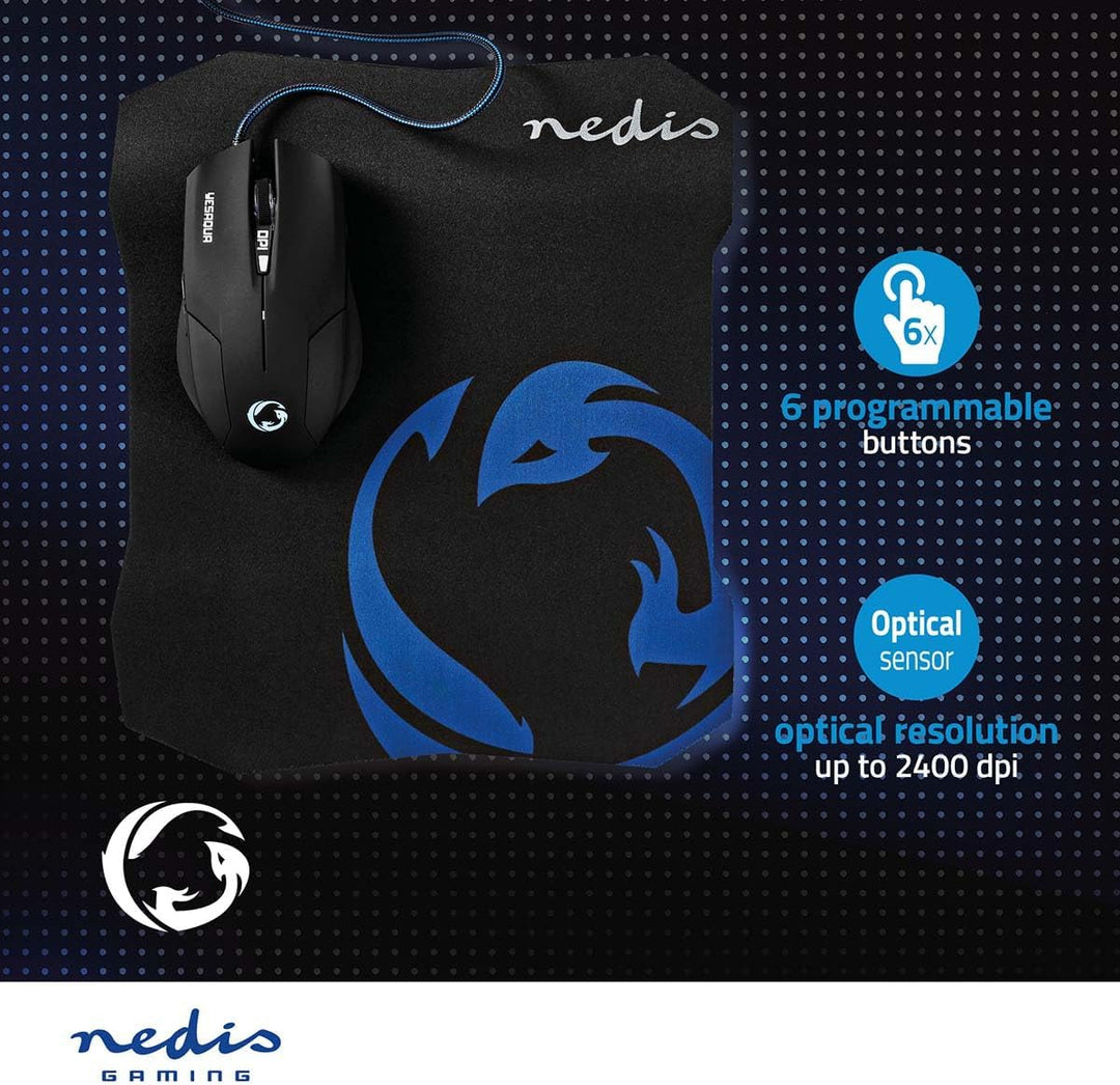 NEDIS Gaming Mouse & Mouse Pad Set - Verdrahtet - 800/1200 / 1600 DPI - Einstellbar DPI - Anzahl Knö