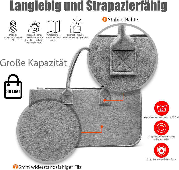 BigDean 3 Stück Filztasche gross in Hellgrau für Kaminholz oder als Shopper verwendbar – Kaminholzko