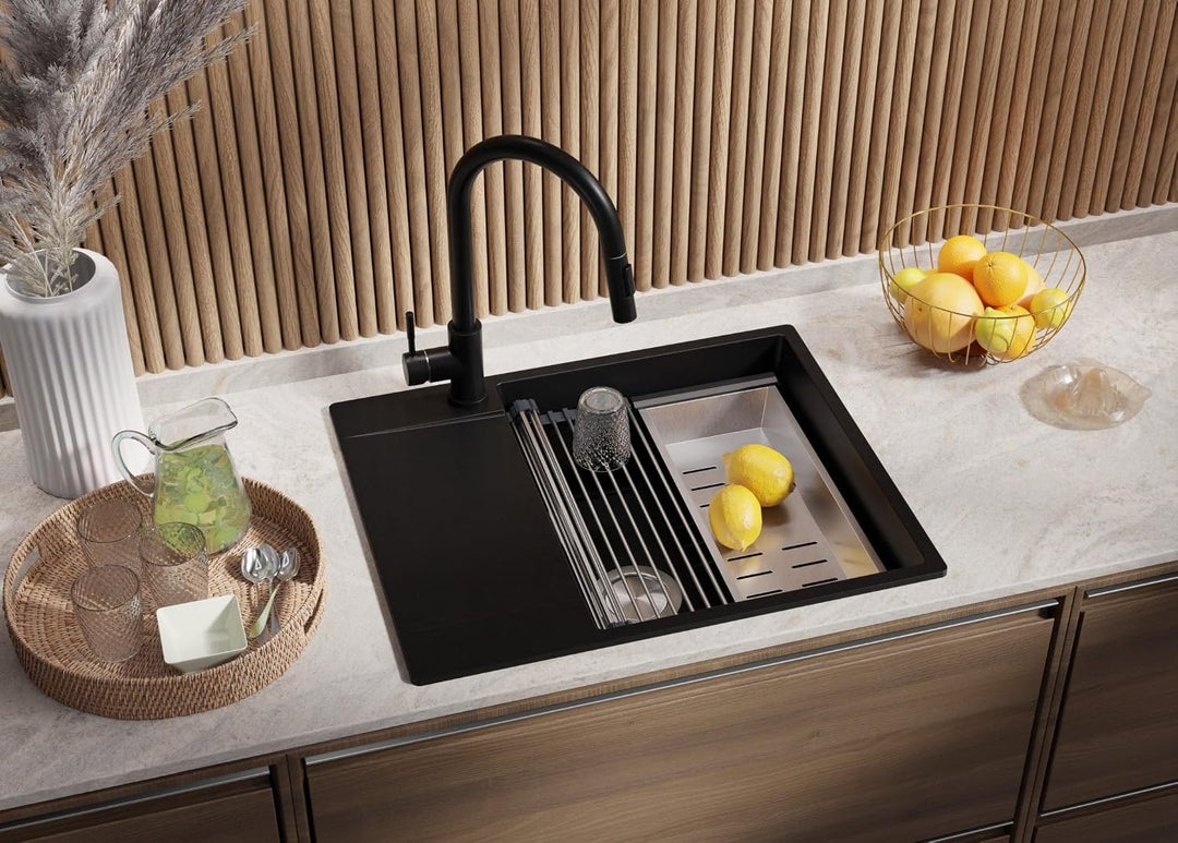 PRIMAGRAN Spülbecken Schwarz 62x50cm, Granitspüle 1 Becken + Ablauf-Set, Küchenspüle ab 50er Untersc