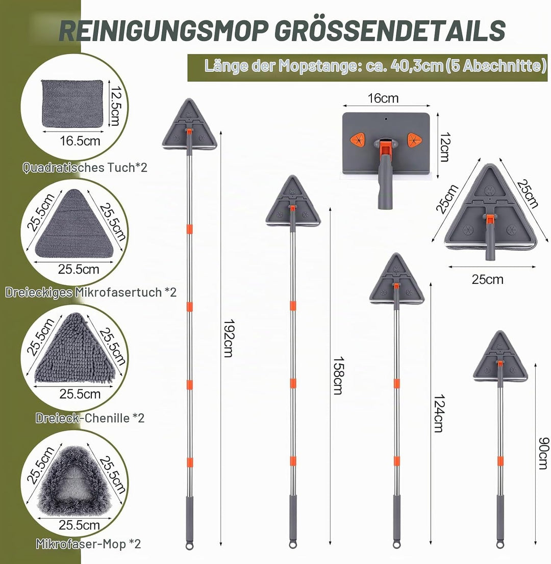 Wandreinigungsmopp, Verstellbarer Reinigungsmopp mit Langem Griff 200cm, Dreieckiger Reinigungsmopp