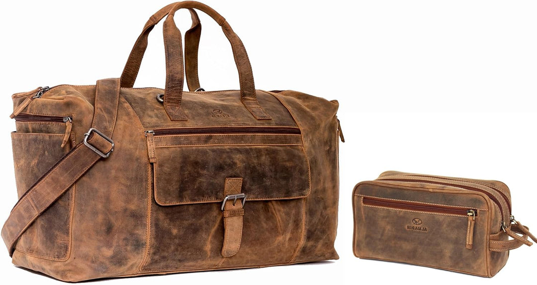 ALMADIH Leder Reisetasche Aiko + Kulturtasche Pietro BV - Weekender Handgepäck Freizeit Gym Fitness