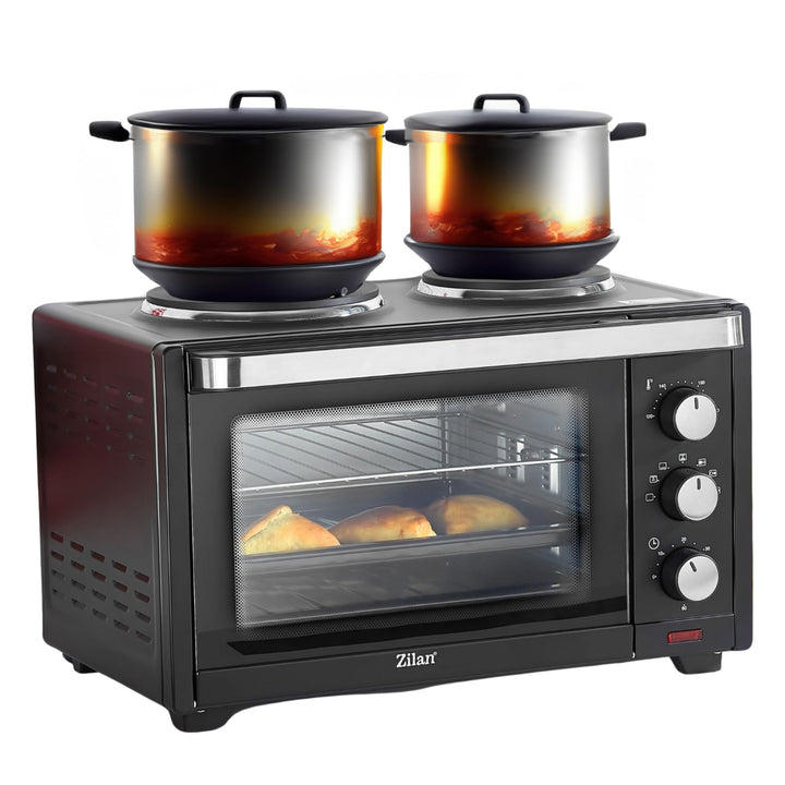 Mini Backofen mit Herdplatten 28 Liter | Elektrischer Drehspiess | Integrierte Kochplatten | Pizza-O