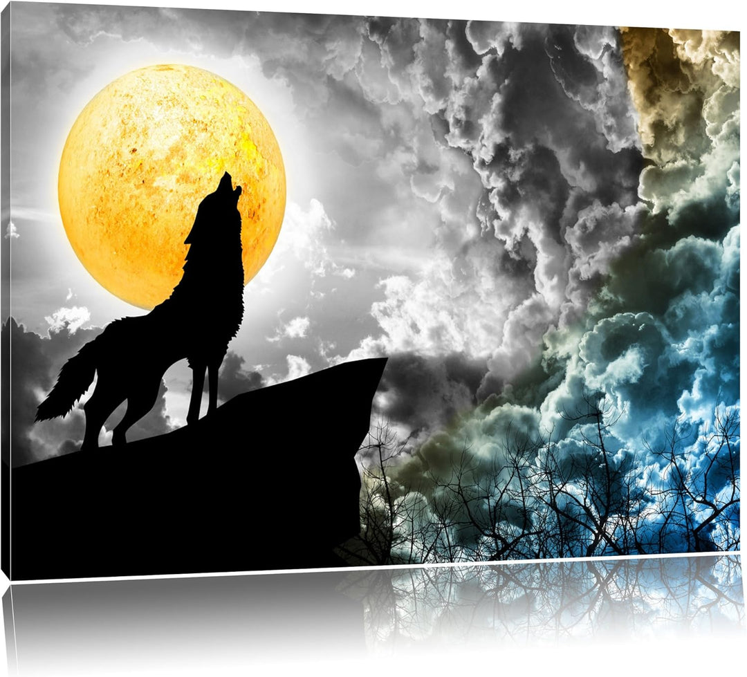 Dark Mystischer Wolf im Vollmond schwarz/weiss Format: 100x70 cm auf Leinwand, XXL riesige Bilder fe