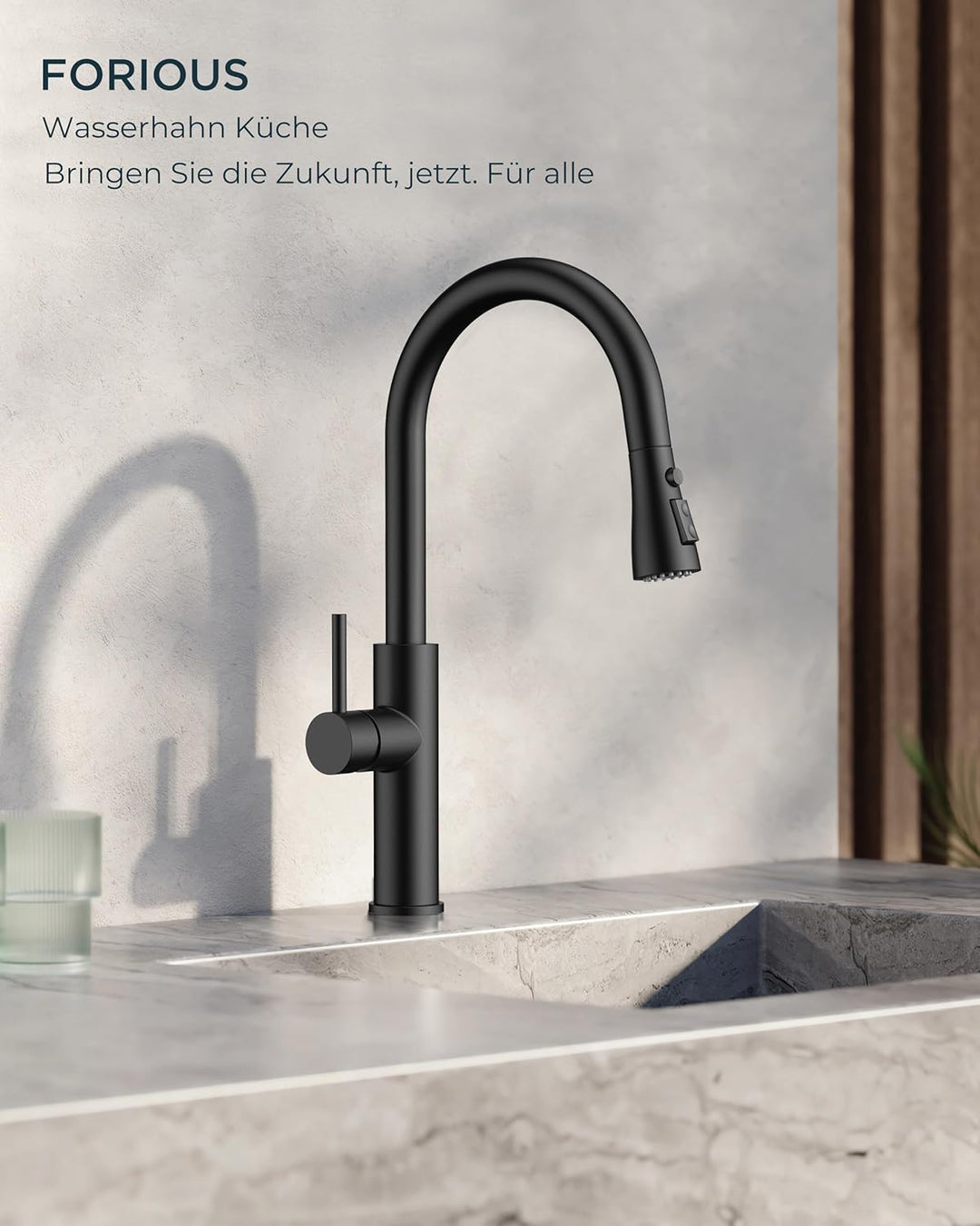 FORIOUS Wasserhahn Küche Schwarz, Küchenarmatur Ausziehbar, Zwei Sprühfunktione, 360° Schwenkbar Ede