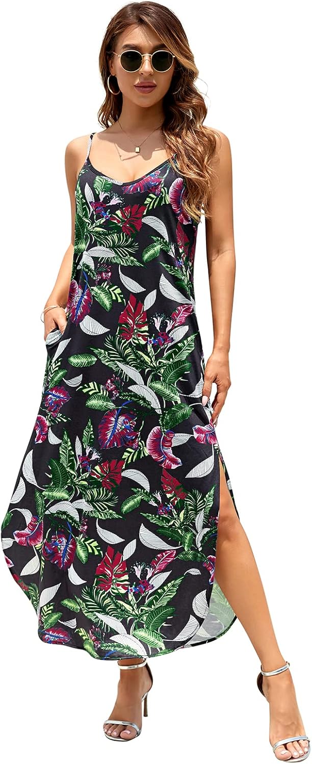 HUSKARY Damen-Sommerkleid, lässig, ärmellos, V-Ausschnitt, Riemen, geteilt, lockeres Kleid, Strandkl