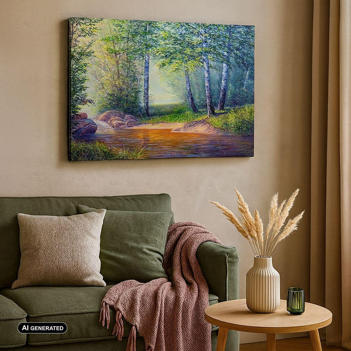 Bilder auf Leinwand 100x70cm Leinwandbild mit Rahmen Wiese Wasser Baum Gross Wanddeko Bild Schlafzim