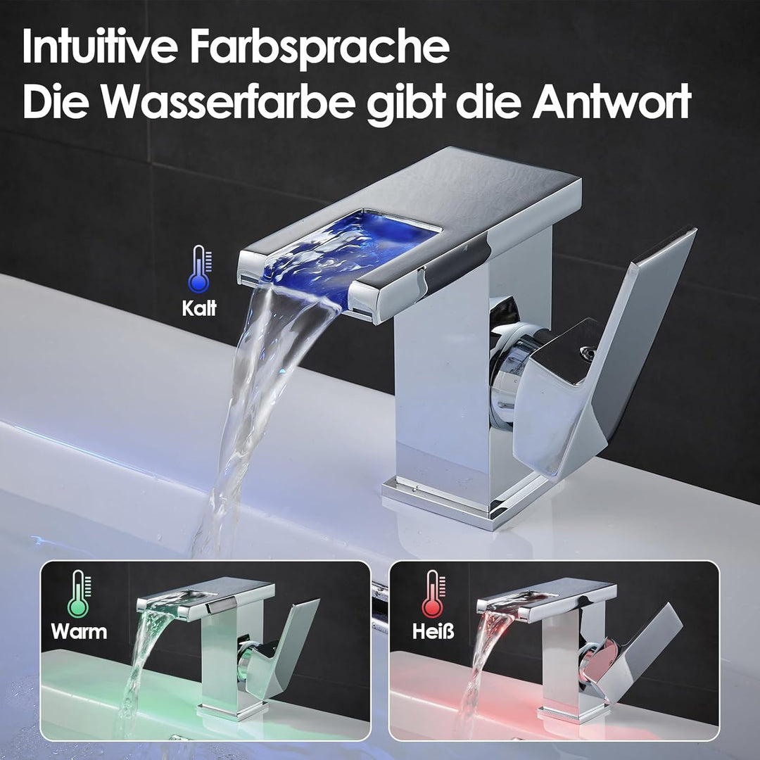Batterielose LED Wasserhahn Bad, OUGOO Wasserfall RGB 3 Farbwechsel Waschtischarmatur nach Temperatu