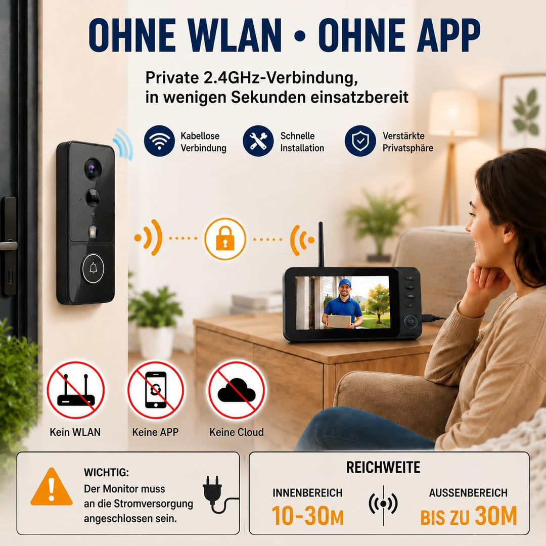 Video Türklingel mit Kamera, 4,3'' IPS Monitor, PIR Sensor, ohne WLAN & App | Livebild per Monitor,