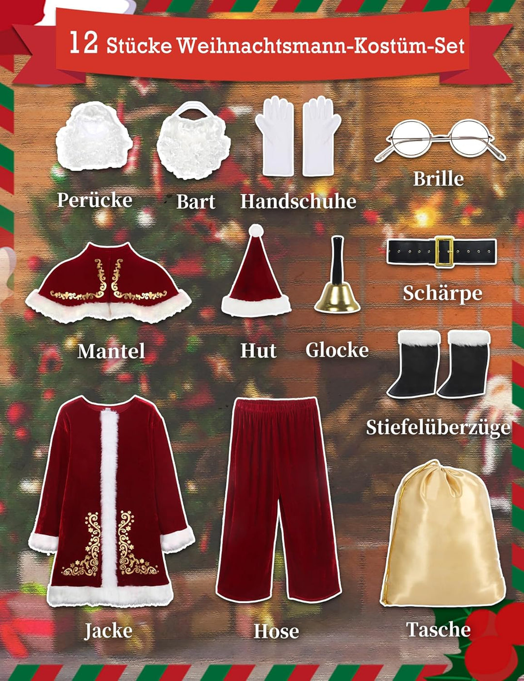 Boveco Weihnachten Weihnachtsmann Kostüm für Männer Erwachsene 12pcs Santa Anzug Deluxe Professional