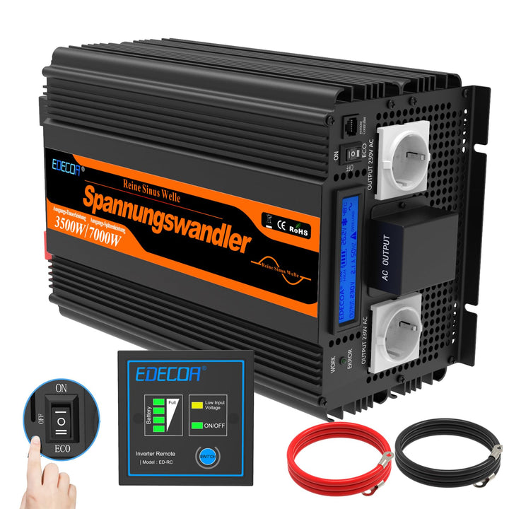 EDECOA Wechselrichter 12v auf 230v Reine Sinus Spannungswandler 3500W und LCD-Bildschirm mit Fernbed